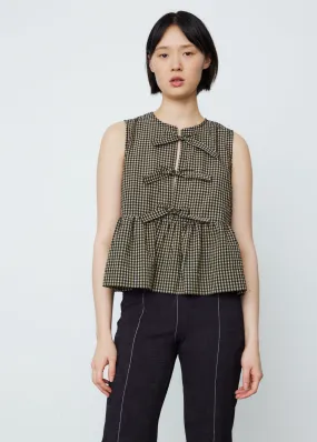 Seersucker Check Sleeveless Ribbon Blouse