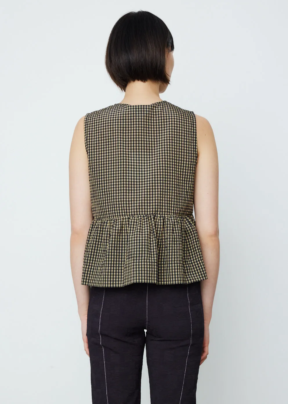 Seersucker Check Sleeveless Ribbon Blouse