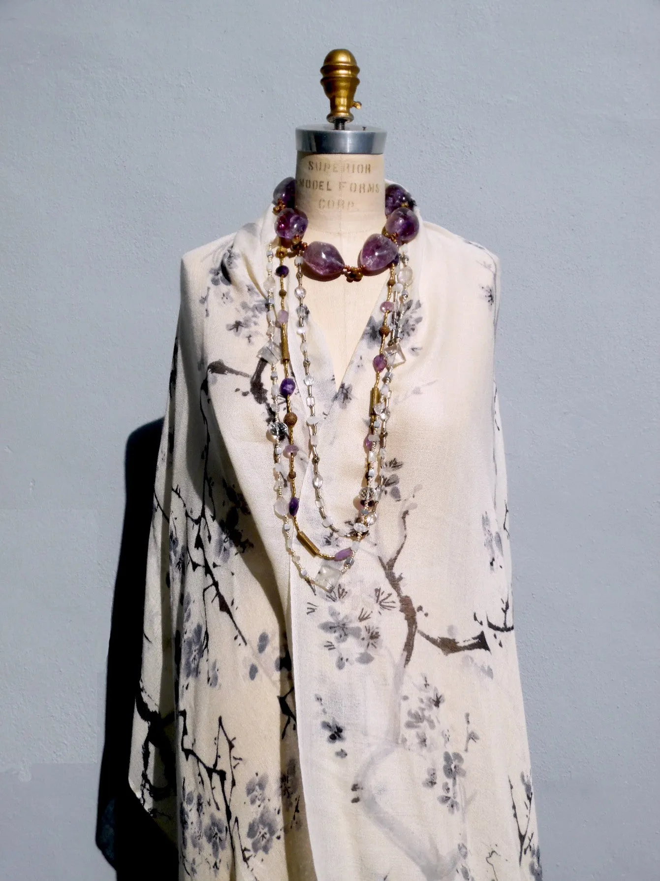 SHAWL SILK AND CASHMERE BLACK AND WHITE CHERRYBLOSSOM