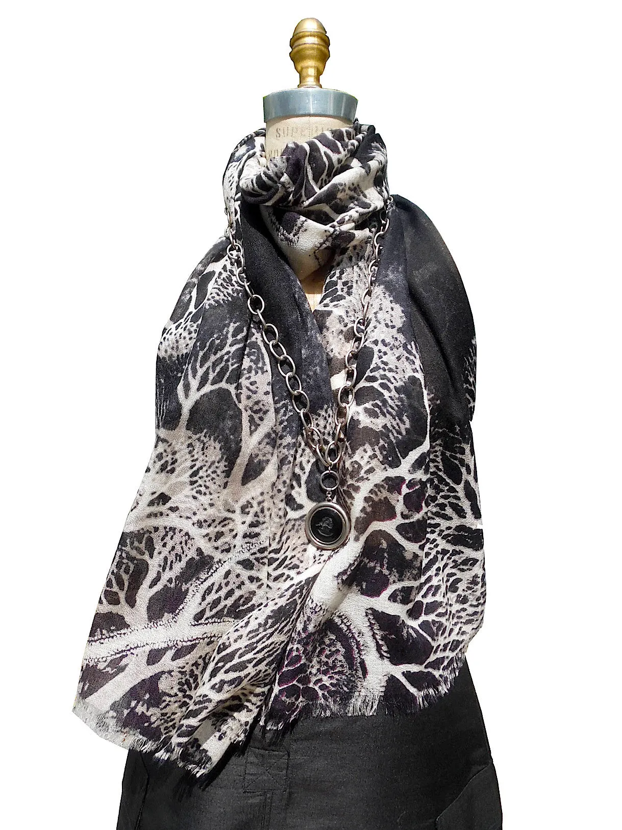 Shawl Silk And Cashmere Black And White Coral