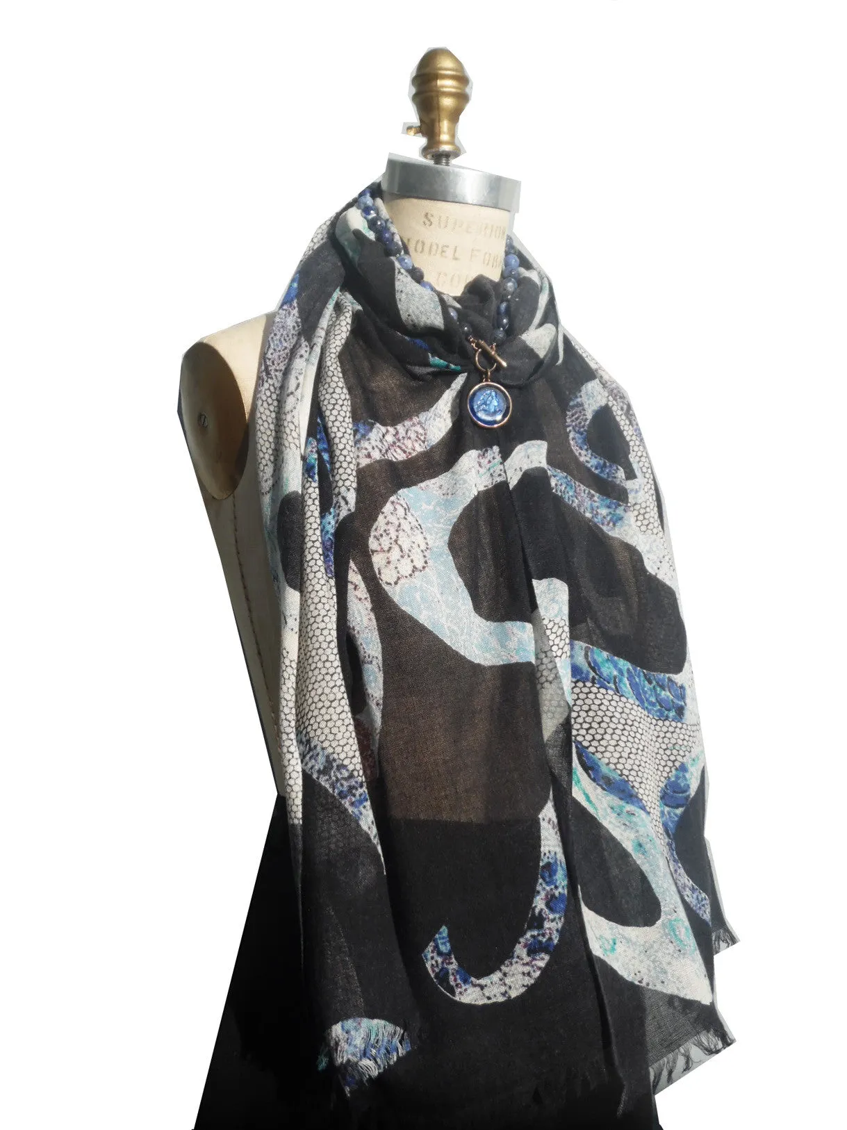 Shawl Silk And Cashmere Navy And Black Modern Loop