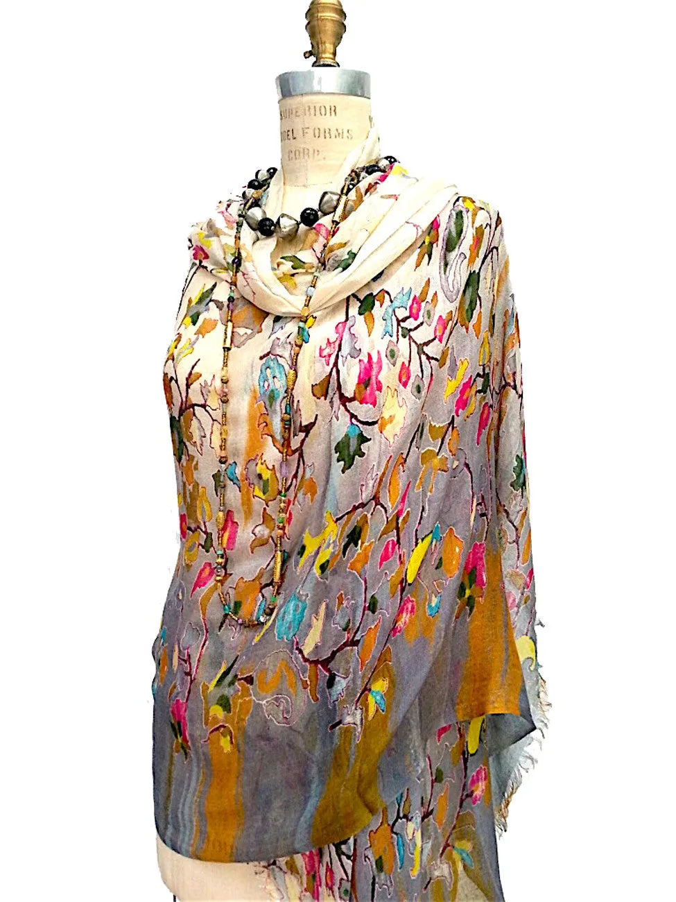 Shawl Silk And Cashmere Ombre Oriental Flower