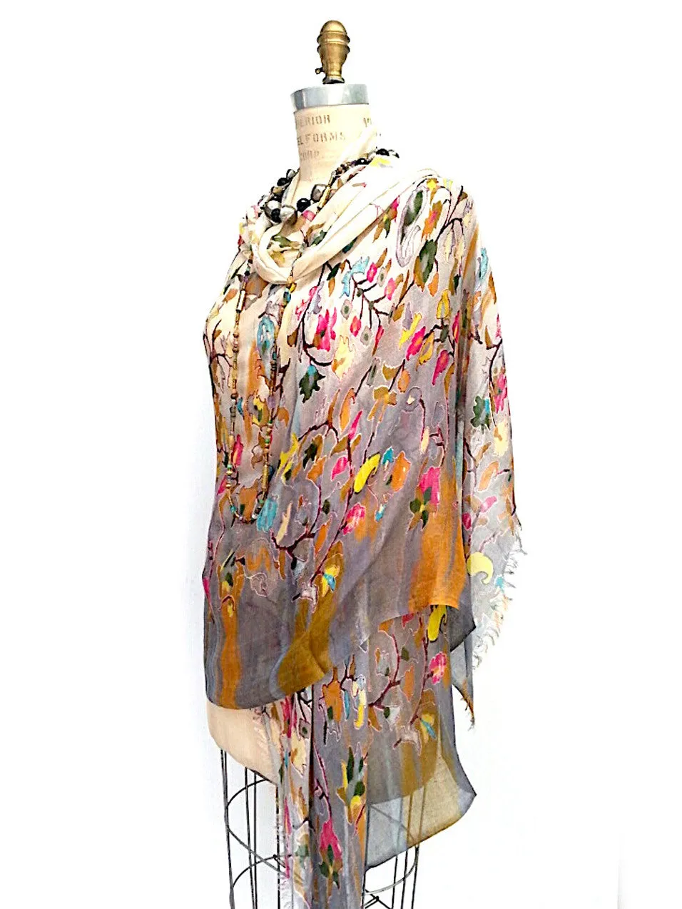 Shawl Silk And Cashmere Ombre Oriental Flower