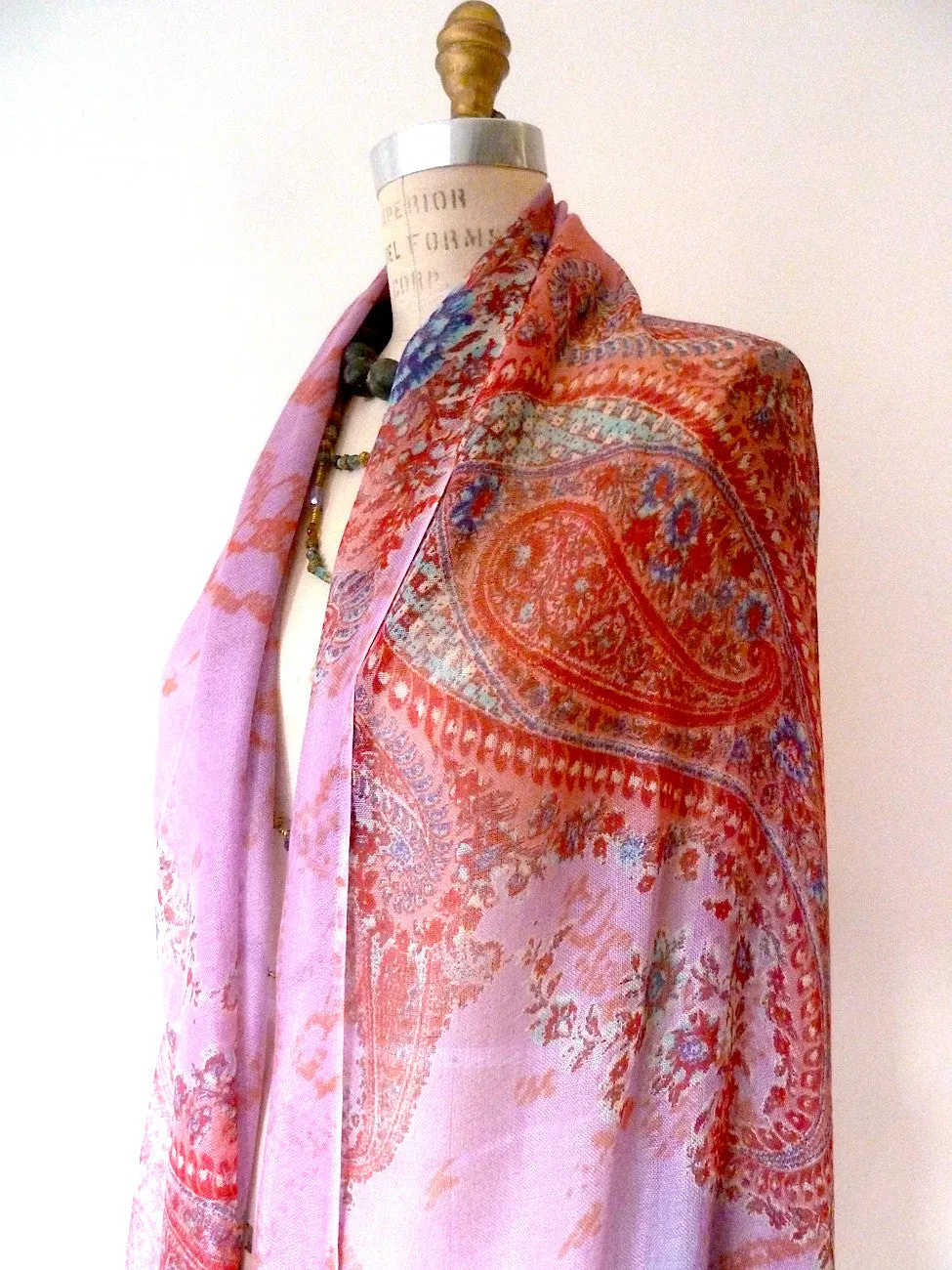 SHAWL SILK AND CASHMERE PAISLEY PINK AND TURQUOISE