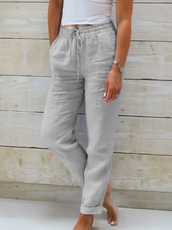 Solid Color Pants - Elastic Waist Loose Trousers