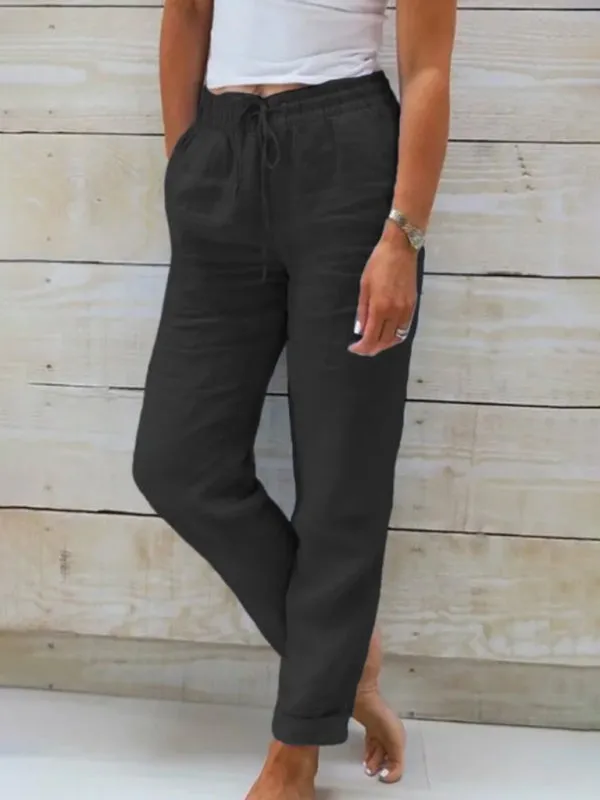 Solid Color Pants - Elastic Waist Loose Trousers