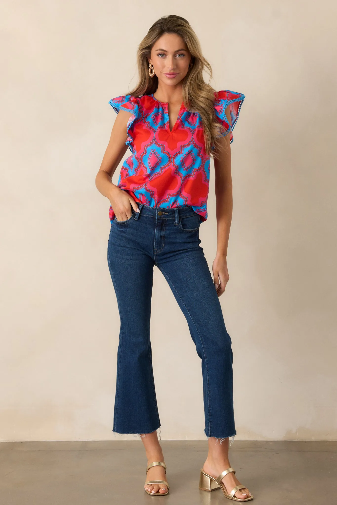 Switch It Up 100% Cotton Red Multi Print Flutter Sleeve Blouse