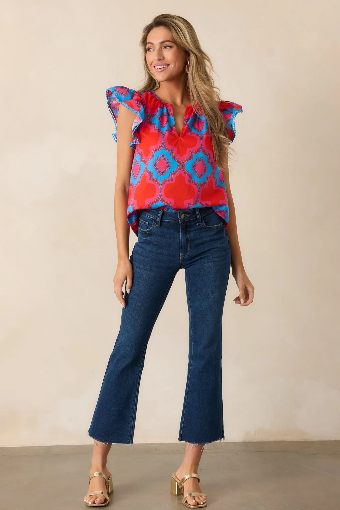 Switch It Up 100% Cotton Red Multi Print Flutter Sleeve Blouse