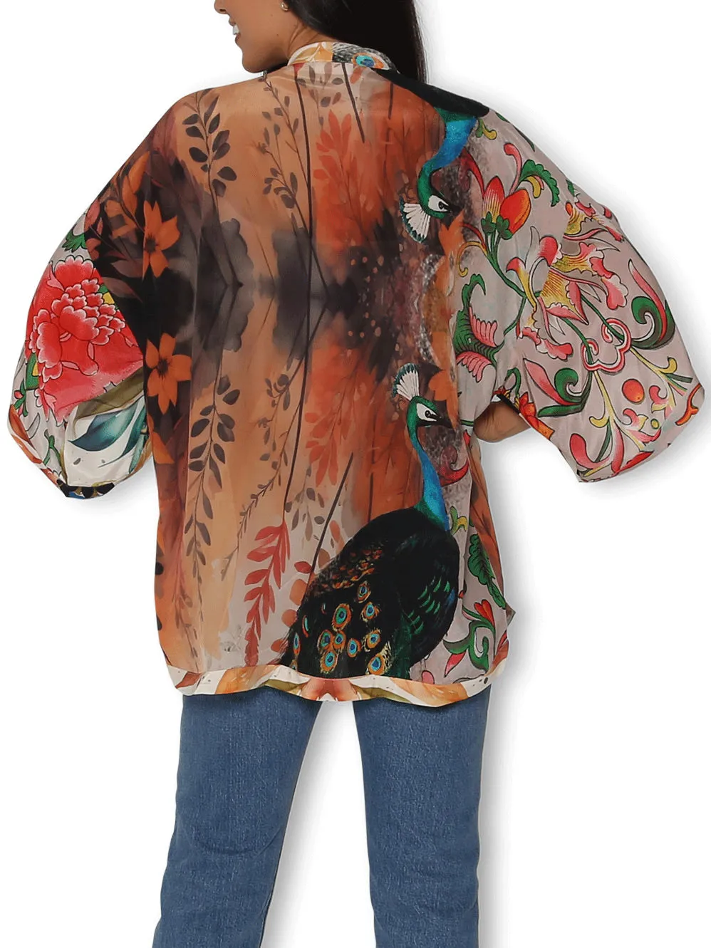 THE ARTISTS LABEL SPLENDOUR OF A PEACOCK GARDEN SILK KIMONO