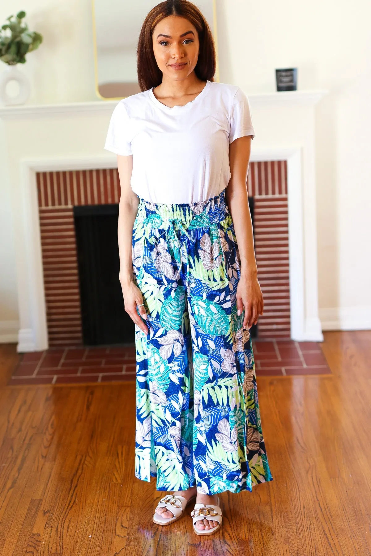 Tropical Boho Smocked Waist Side Slit Palazzo Pants