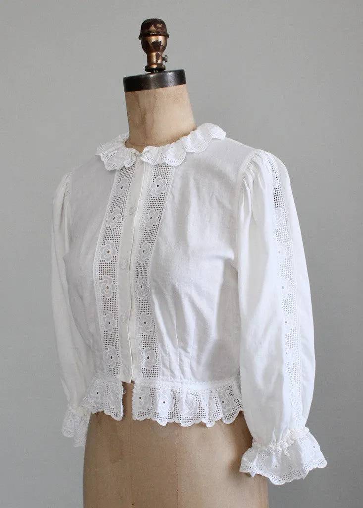 Vintage 1980s Cotton and Lace Victorian Style Blouse