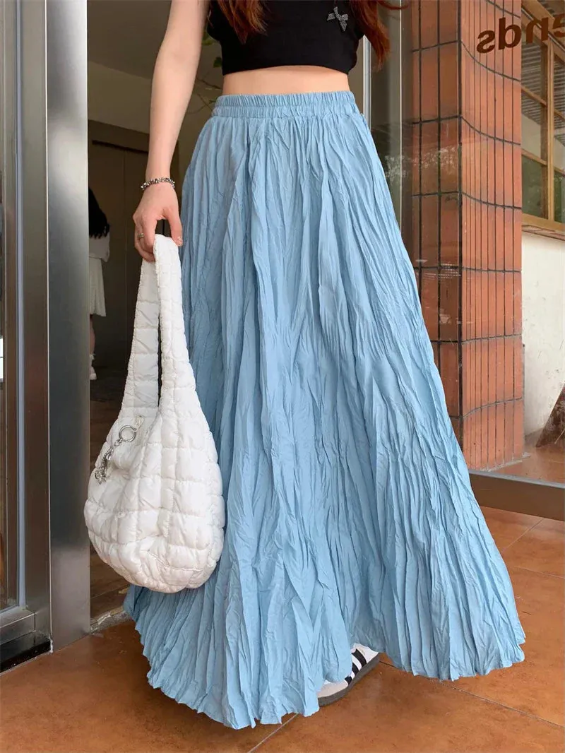 Vintage Solid Pleated Long A-Line Skirt