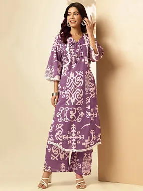 Violet Geometric Print With Embroidered Straight Cotton Stitched Kurta With Palazzo