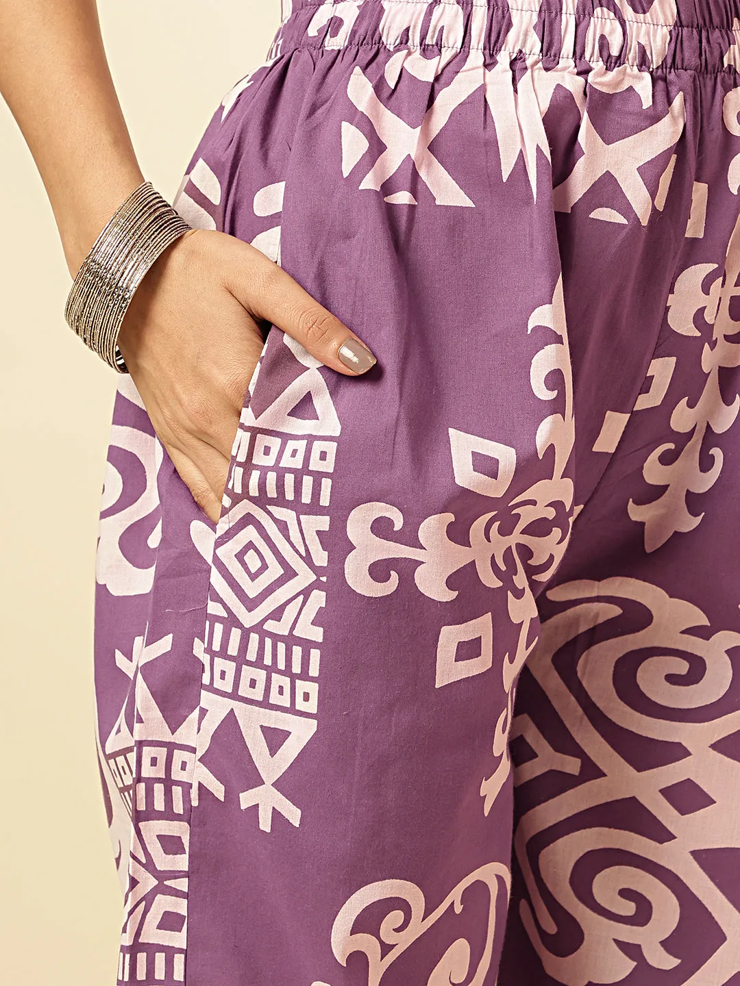 Violet Geometric Print With Embroidered Straight Cotton Stitched Kurta With Palazzo