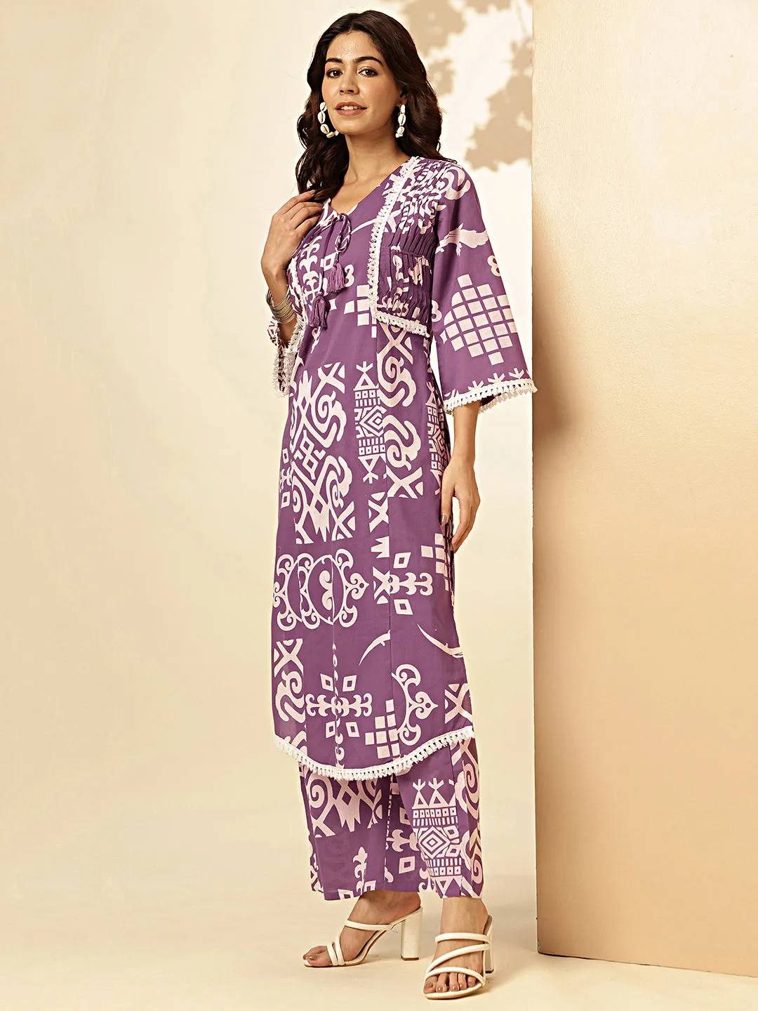 Violet Geometric Print With Embroidered Straight Cotton Stitched Kurta With Palazzo