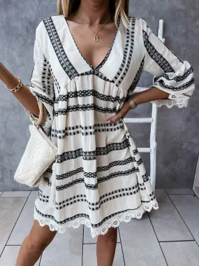 Wenkouban Summer Loose Boho Mini Dress Casual V Neck Women Beach Dress Long Sleeve Patchwork Dress Vintage Printed Stripe Short Dresses