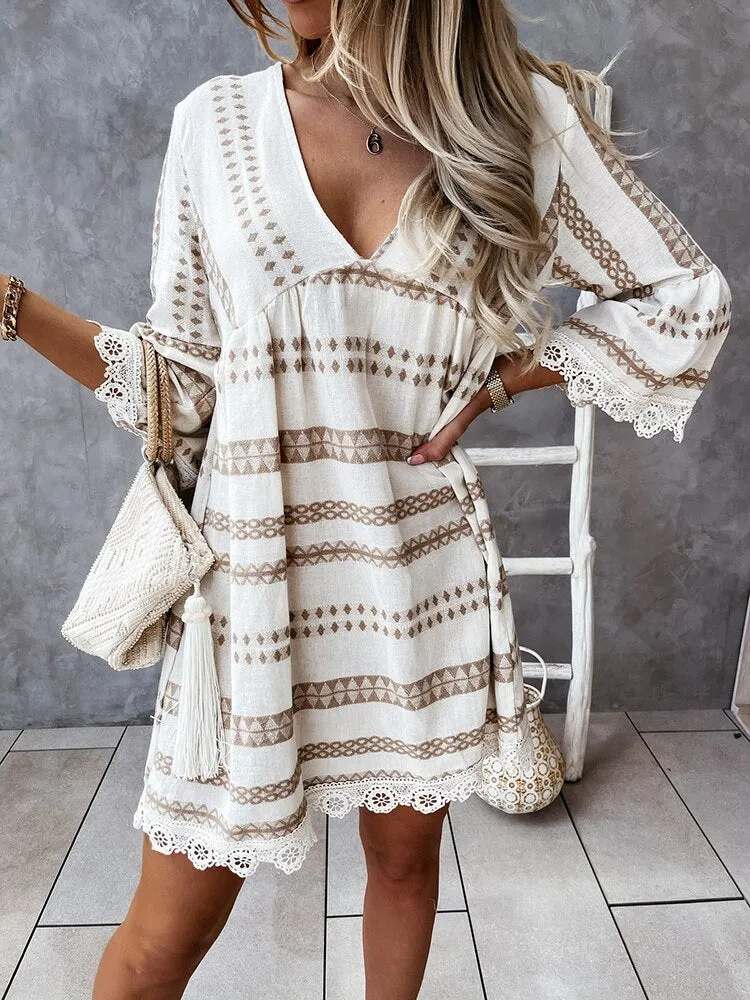 Wenkouban Summer Loose Boho Mini Dress Casual V Neck Women Beach Dress Long Sleeve Patchwork Dress Vintage Printed Stripe Short Dresses