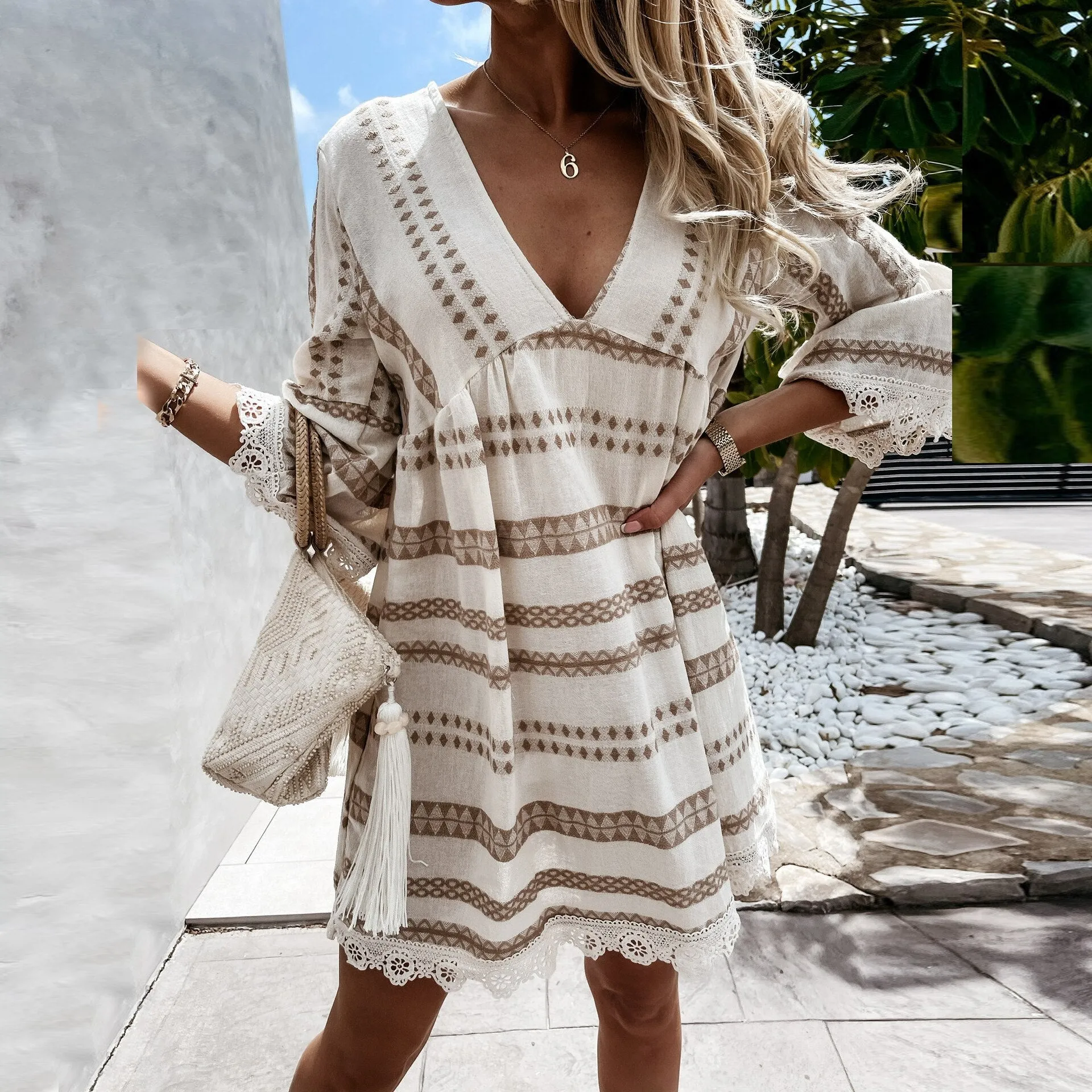 Wenkouban Summer Loose Boho Mini Dress Casual V Neck Women Beach Dress Long Sleeve Patchwork Dress Vintage Printed Stripe Short Dresses