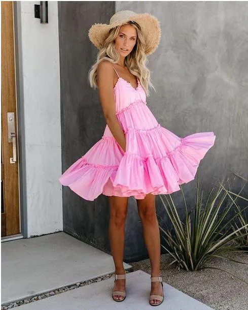 White/Pink Empire Sleeveless Mini Dresses