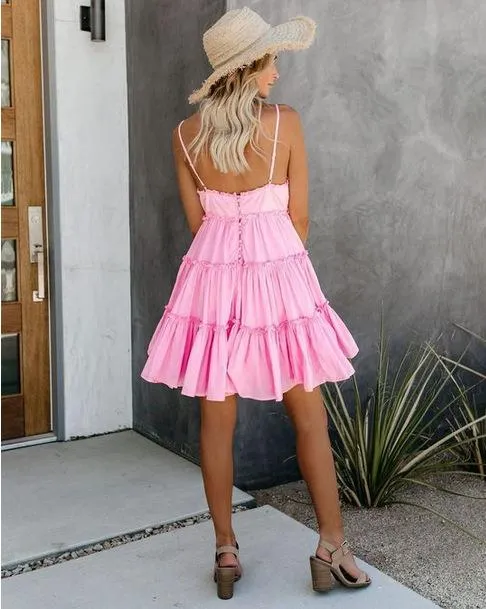 White/Pink Empire Sleeveless Mini Dresses