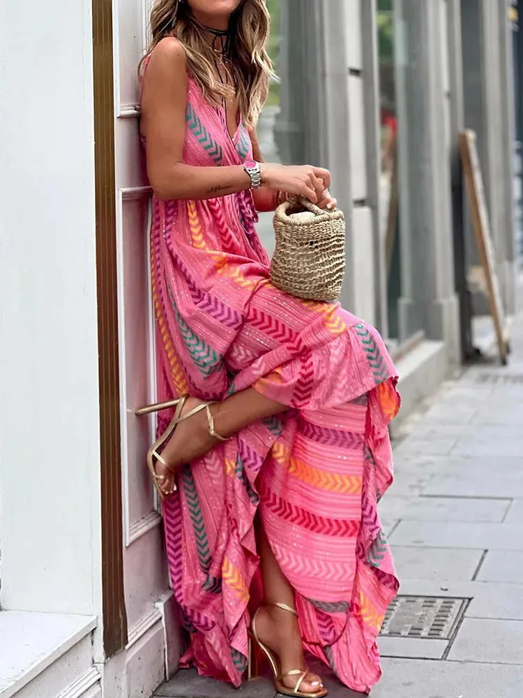 Women Boho Chevron Maxi Dress