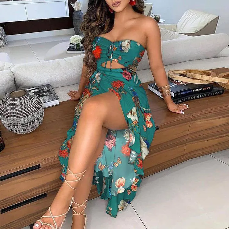 Women  Irregular Scalloped Floral Print Dresses