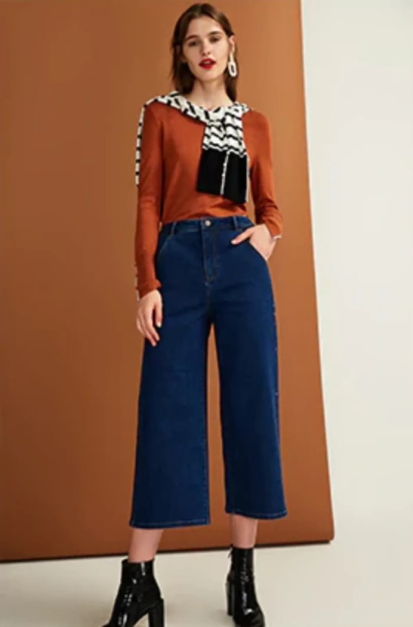 Women's Autumn Wide Leg Cropped Jeans With High Waist