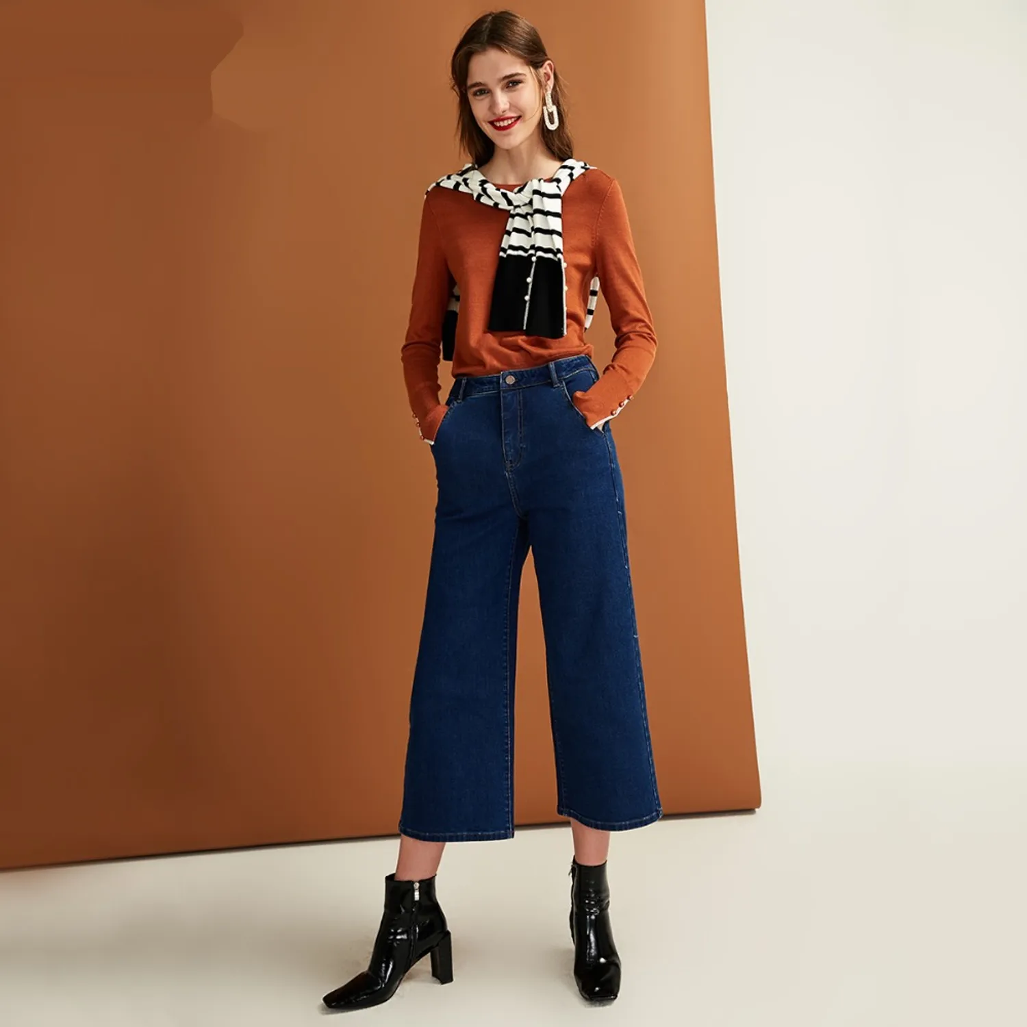 Women's Autumn Wide Leg Cropped Jeans With High Waist