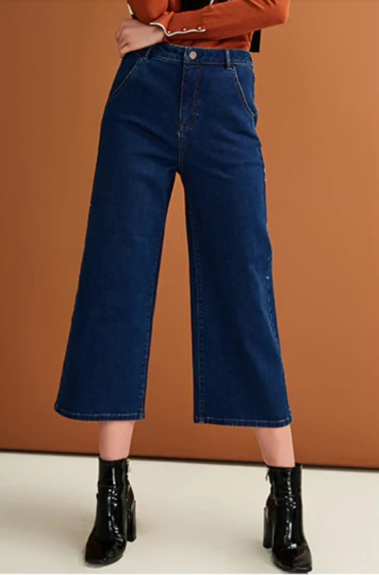 Women's Autumn Wide Leg Cropped Jeans With High Waist