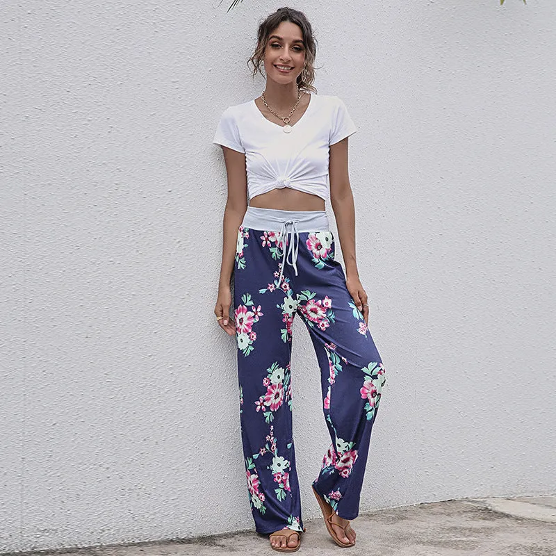 Women's Lace-up Casual Trousers Fashion Loose Printed Pants