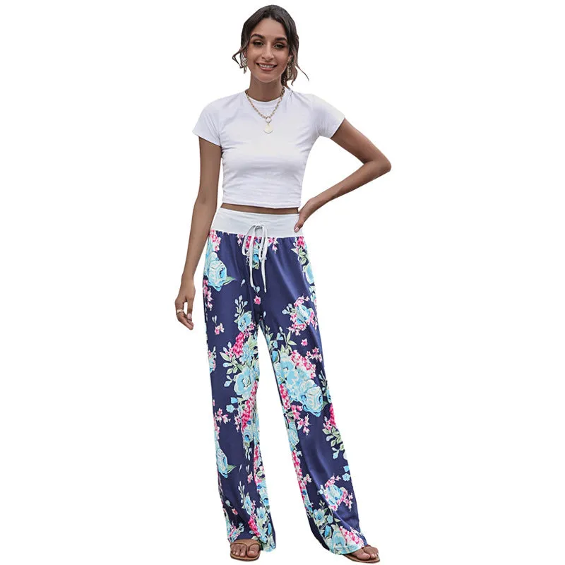 Women's Lace-up Casual Trousers Fashion Loose Printed Pants