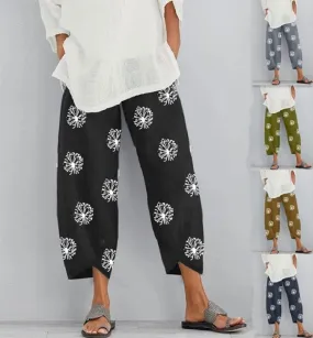 Women's Loose Dandelion Print Elastic Waist Dungarees Pants