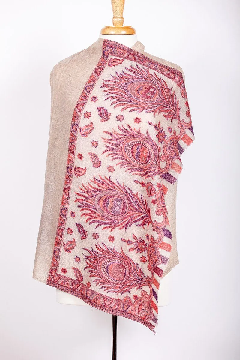 Yangra Beige Embroidered Pashmina Shawl